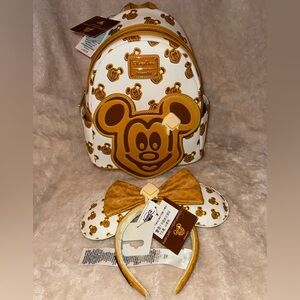 RARE Disney Loungefly Mickey Waffle Backpack And Ears SET Bundle Collectible NWT